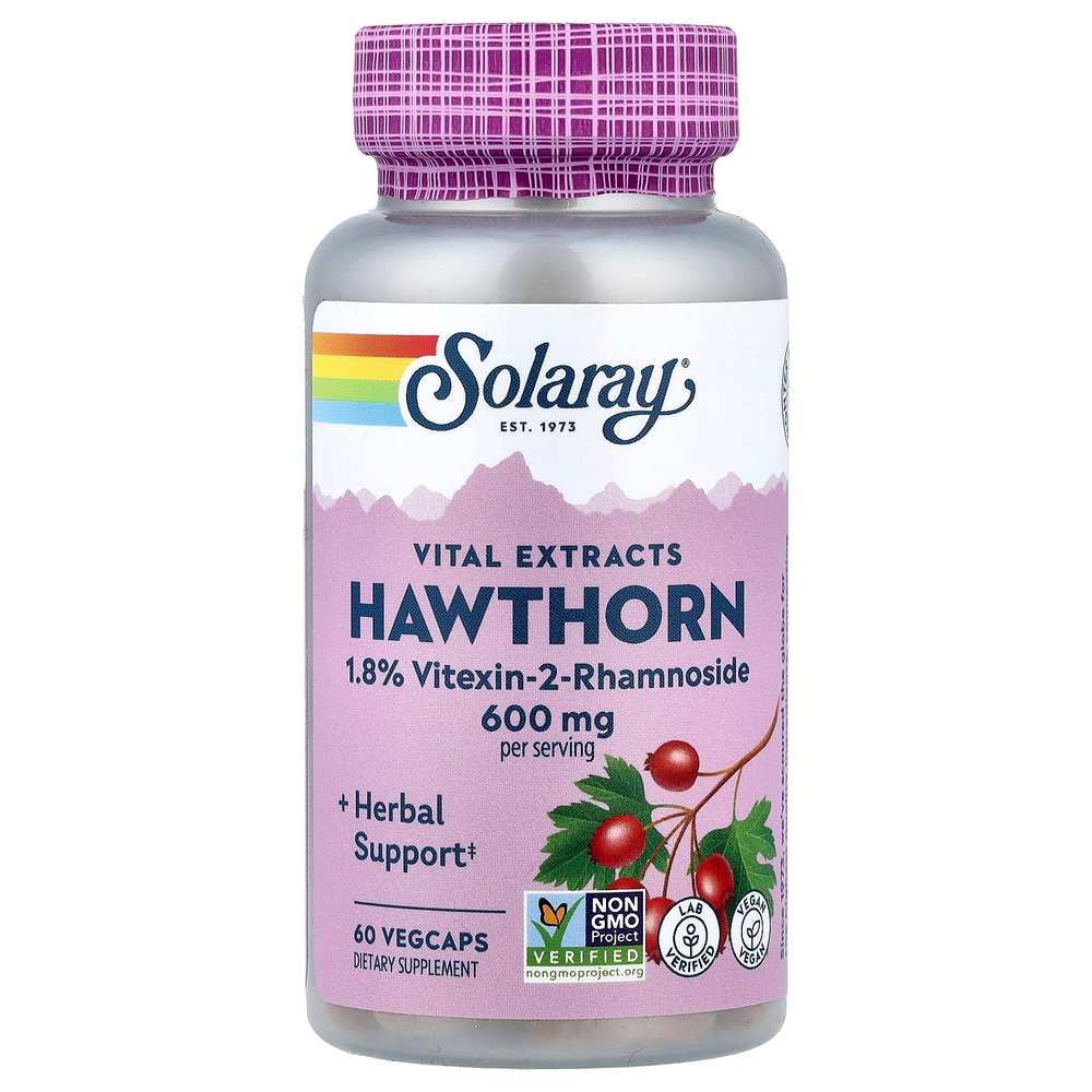 Solaray, Vital Extracts, боярышник, 60 растительных капсул