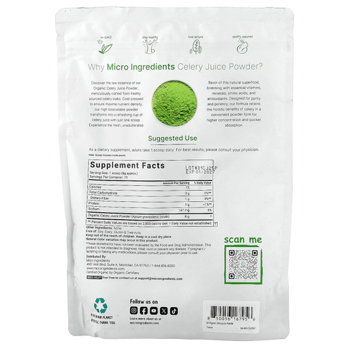 Micro Ingredients, сок органического сельдерея в порошке, 566 г (20 унций)