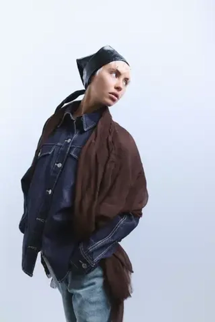 ZARA КОМБИНИРОВАННЫЙ ШАРФ С ПОЛОСКАМИ, КОРИЧНЕВЫЙ