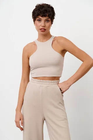 Кроп майка из хлопка серо-бежевого цвета