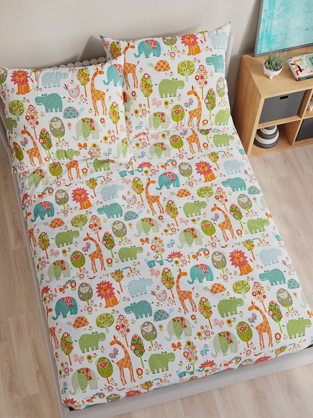 Постельное белье перкаль Сказка "Зоосад" 1,5-сп Наволочка 50х70 см 1 шт Простынь 150x215 см Пододеяльник 145x215 см