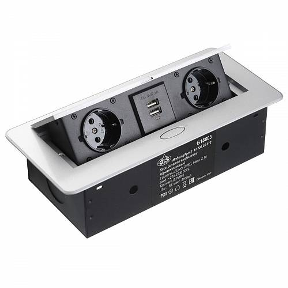 Блок розеток выдвижной горизонтальный 2 розетки EURO, 2 USB