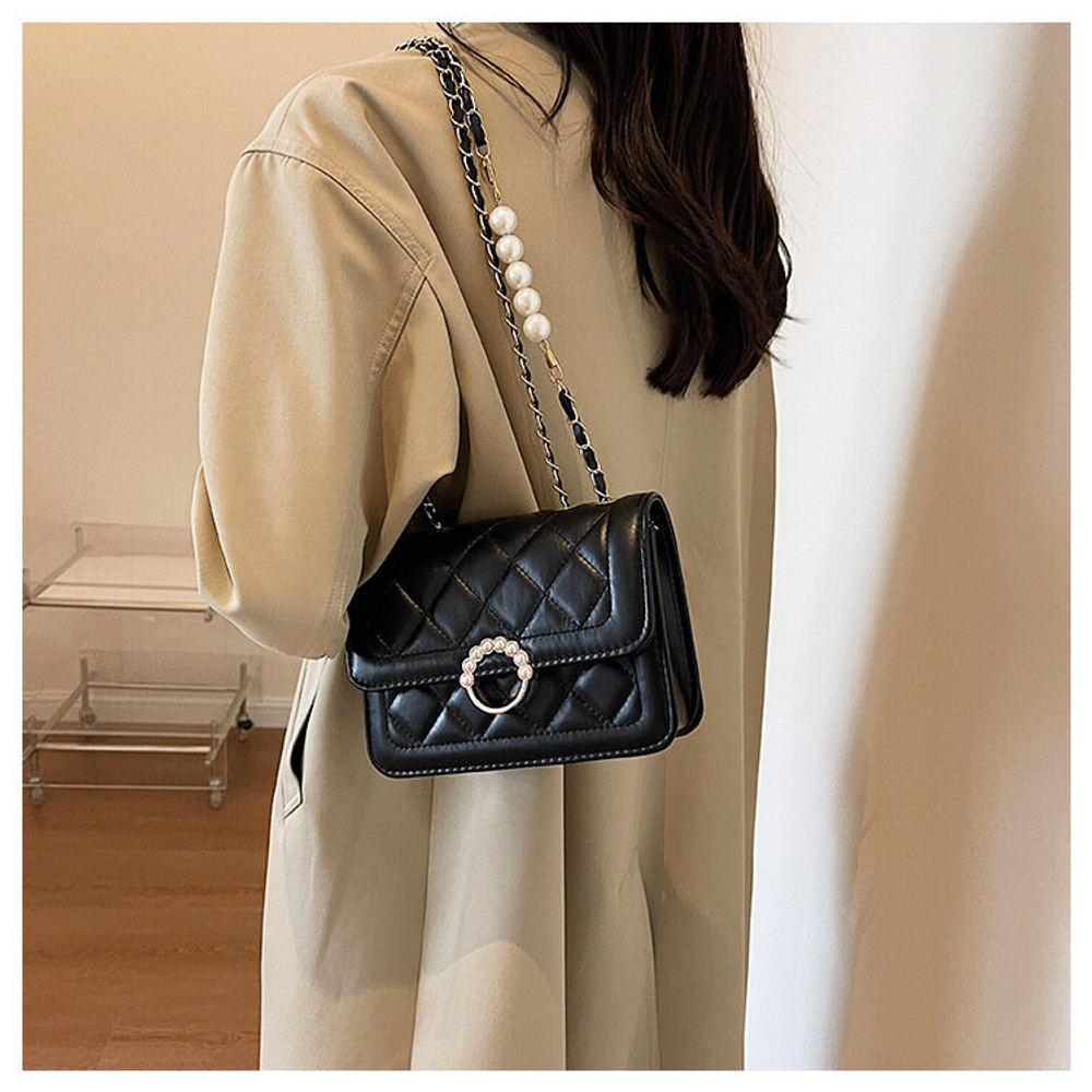 Сумка женская летняя стеганая с жемчугом, черный