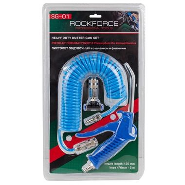 Пистолет обдувочный со шлангом и фитингами-переходниками для грузовых а/м (сопло-120мм, шланг-5м), в блистере RockForce##Rock FORCE RF-SG-01