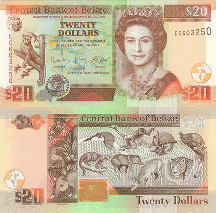 Белиз 20 доллар 2003-2022 Животные Белиза UNC