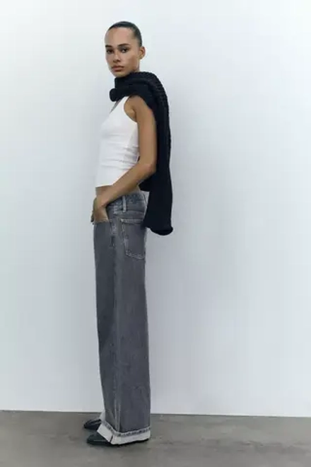 ZARA ДЖИНСЫ TRF RELAXED С НИЗКОЙ ПОСАДКОЙ И ОТВОРОТАМИ, СЕРЫЙ