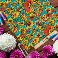 Ткань бифлекс хохлома из маков и кактусов на бирюзовом фоне