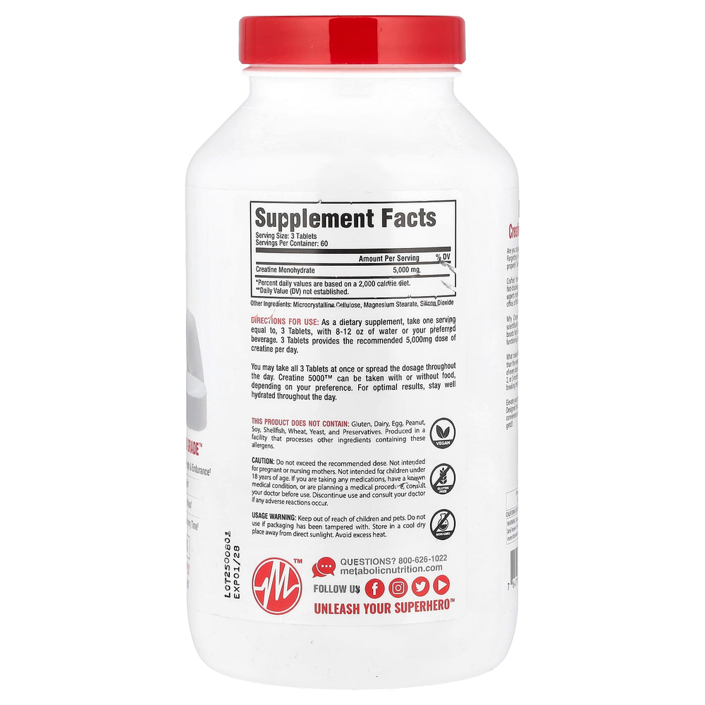 Metabolic Nutrition, Creatine 5000 ™, 180 таблеток (1666 мг в каждой таблетке)