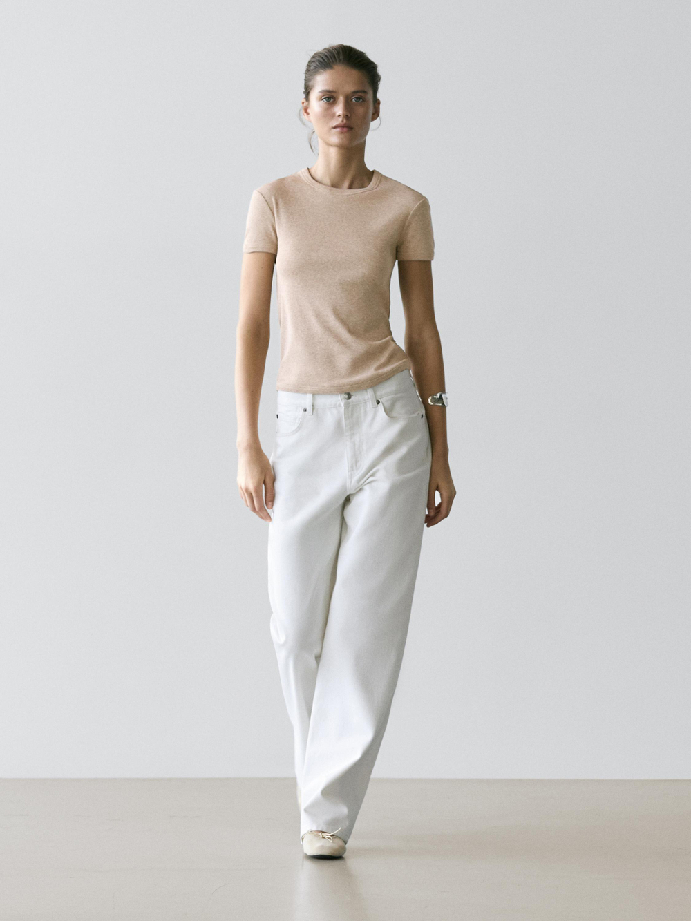 Massimo Dutti Хлопковая футболка, бежевый