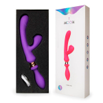 Фиолетовый двусторонний вибромассажер с клиторальным отростком 30см I-Moon MY-229