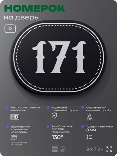 Номерок на дверь квартиры 171, для кабинета, офиса, шильдик 9 х 7 см, черный, Айдентика Технолоджи
