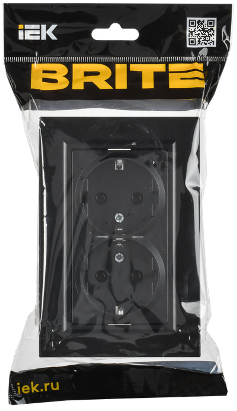 BRITE Розетка 2-местная с заземлением без защитных шторок плоская 16А в сборе РСПл12-3-БрЧ черный IEK