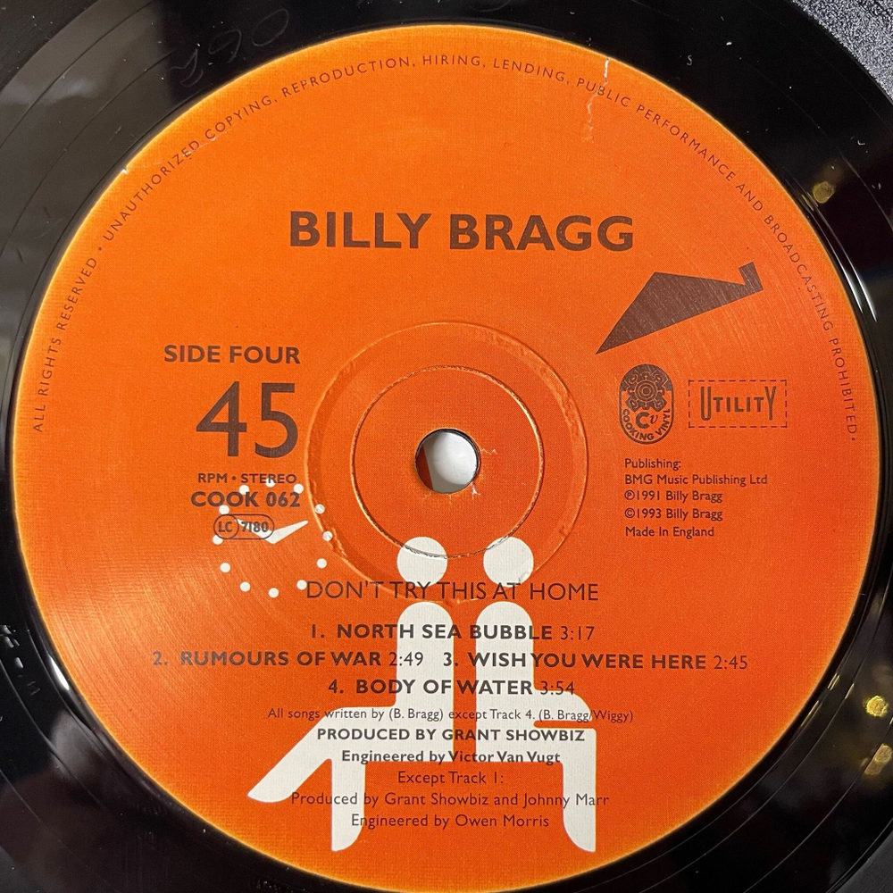 Винтажная виниловая пластинка LP Billy Bragg Don't Try This At Home (UK 1993) 45 RPM