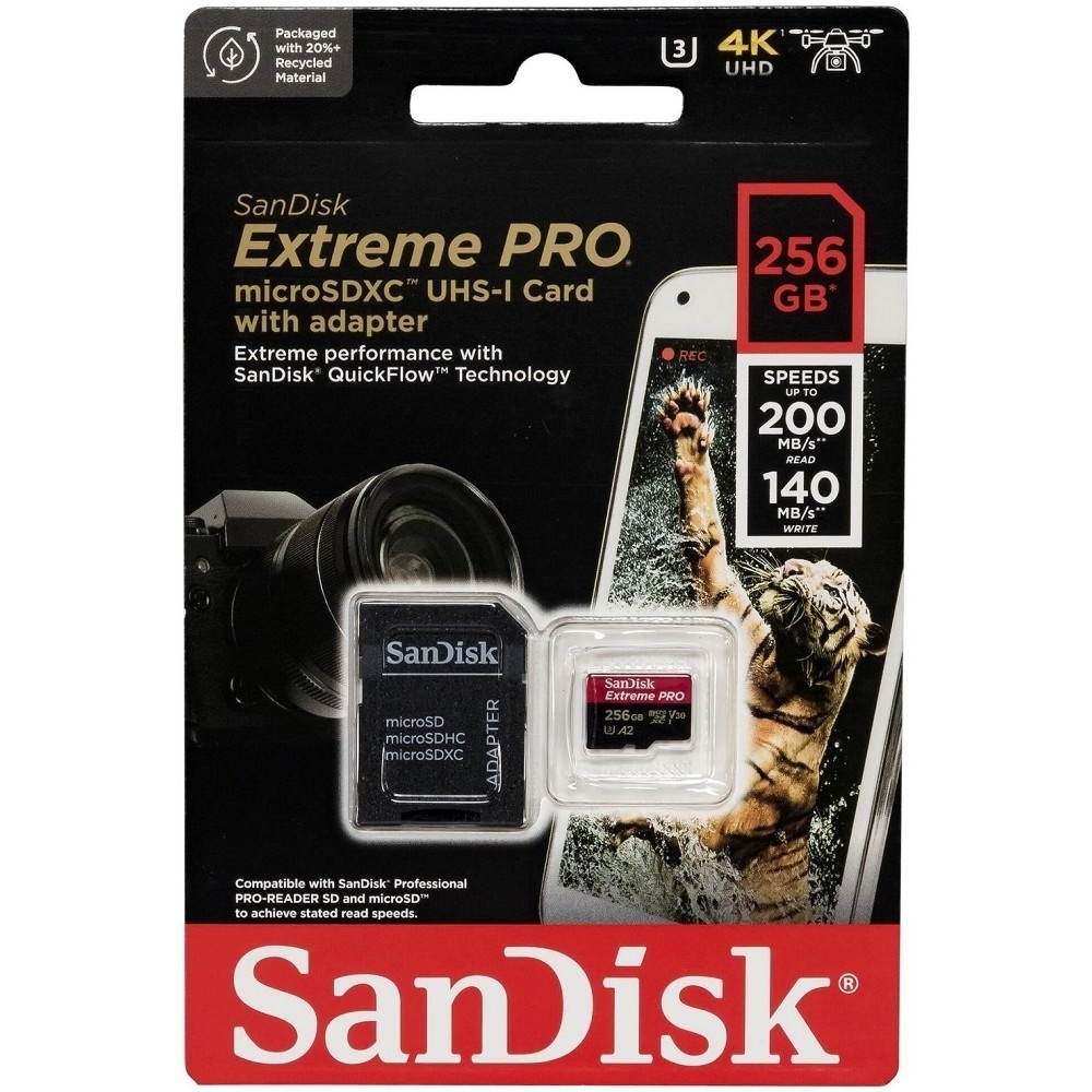 Micro SecureDigital 256GB Sandisk Extreme Pro microSDXC  + SD Adapter + Rescue Pro Deluxe 200MB/s [SDSQXCD-256G-GN6MA]