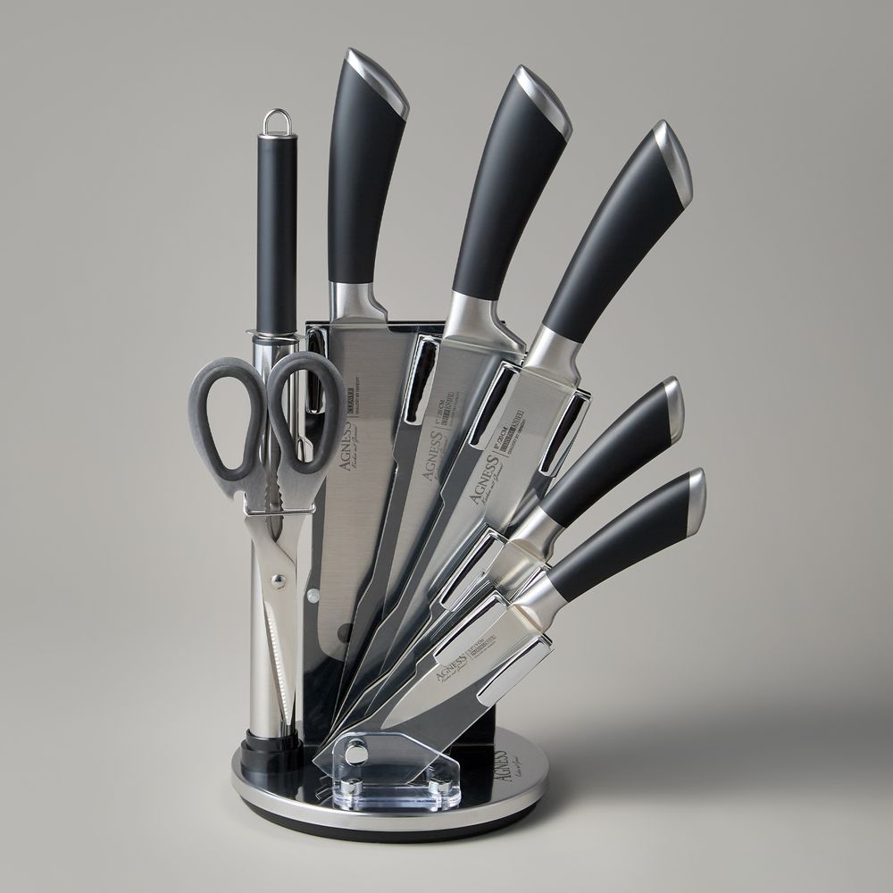 НАБОР НОЖЕЙ AGNESS НЖС НА ПЛАСТИКОВОЙ ВРАЩАЮЩЕЙСЯ ПОДСТАВКЕ 8 ПР. (КОР=6НАБОР.)