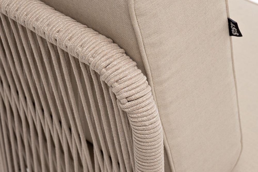 "Канны" угловой модуль плетеный из роупа, каркас алюминий белый муар, роуп бежевый круглый, ткань бежевая 15052