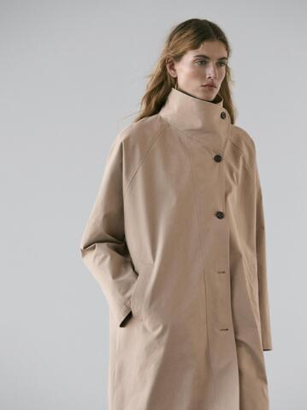 Massimo Dutti Длинный тренч из 100% хлопка с застежкой сбоку, бежевый