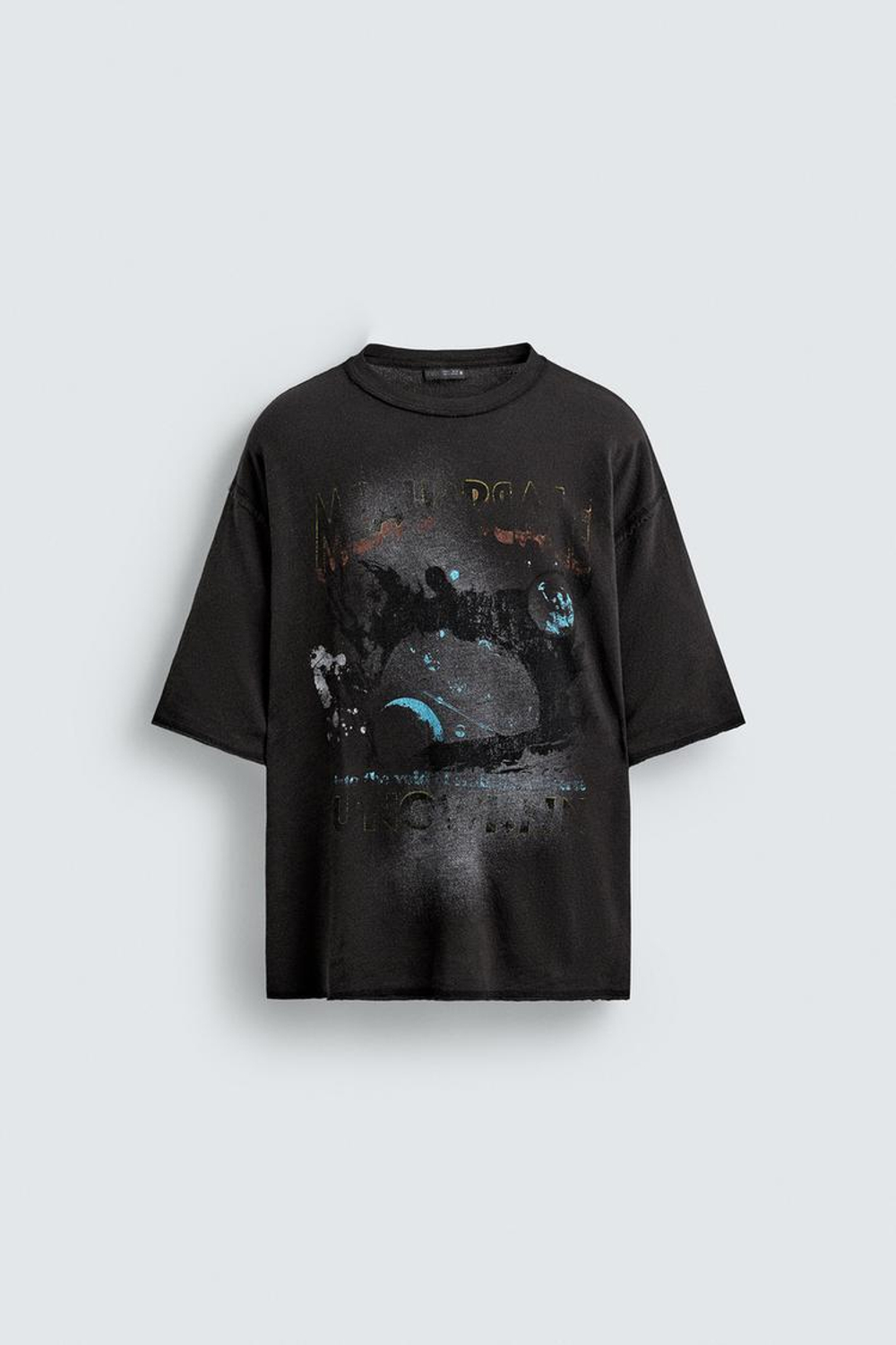 ZARA ТРИКОТАЖНАЯ ФУТБОЛКА С ПРИНТОМ, ЧЕРНЫЙ