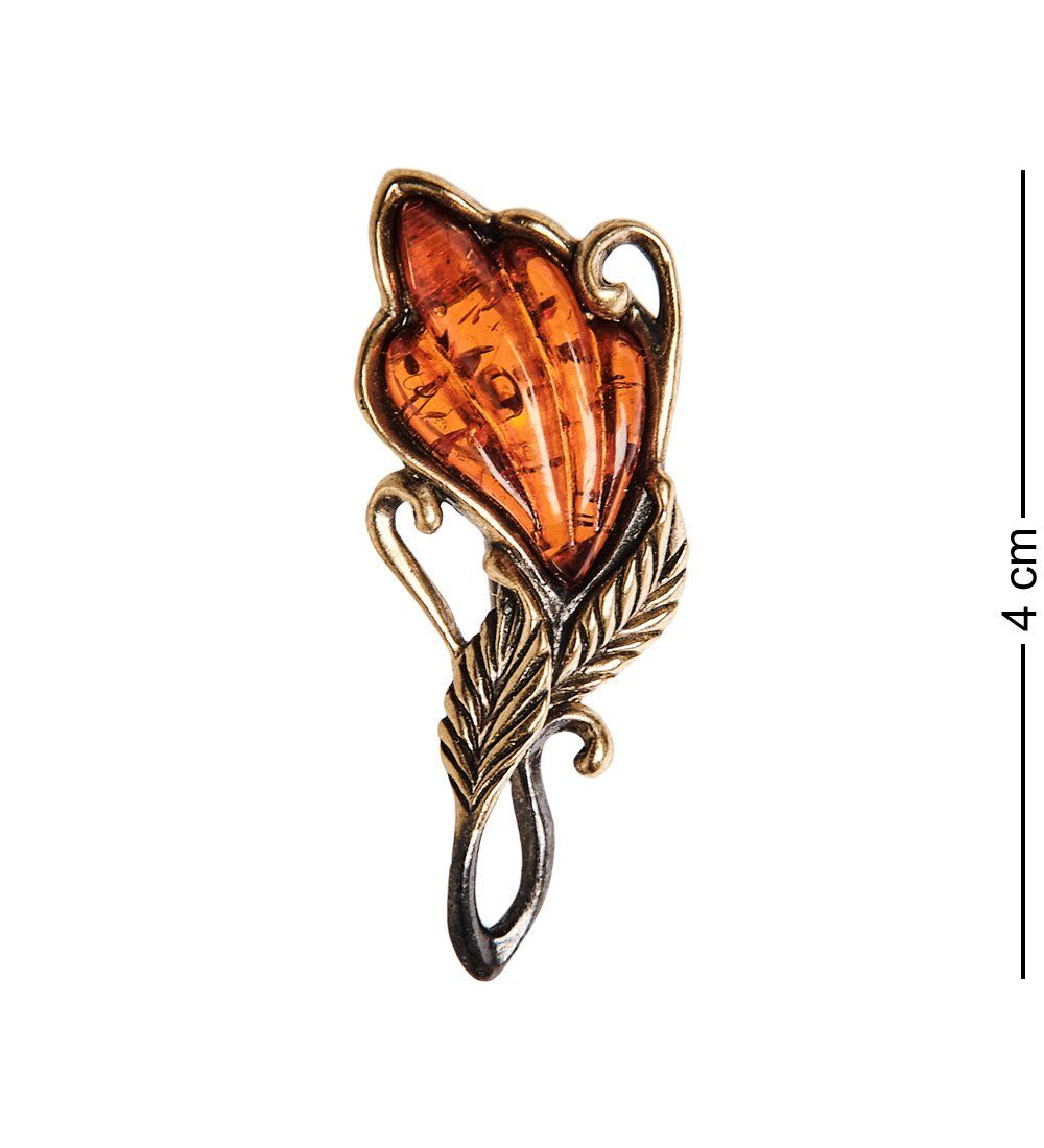 AM-2565 Брошь «Винтажный листик» (латунь, янтарь)