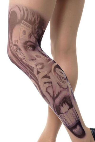 Колготки с принтом-тату в виде девушки с купюрами (Размер: S-M-L) (Цвет: бежевый)