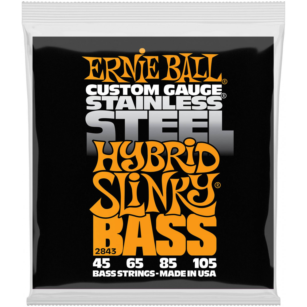 Ernie Ball 2843 STAINLESS STEEL SLINKY HYBRID Струны для бас гитары, 45-65-85-105. Сердцевина - стальная, шестигранная. Обмотка - нержавеющая сталь.