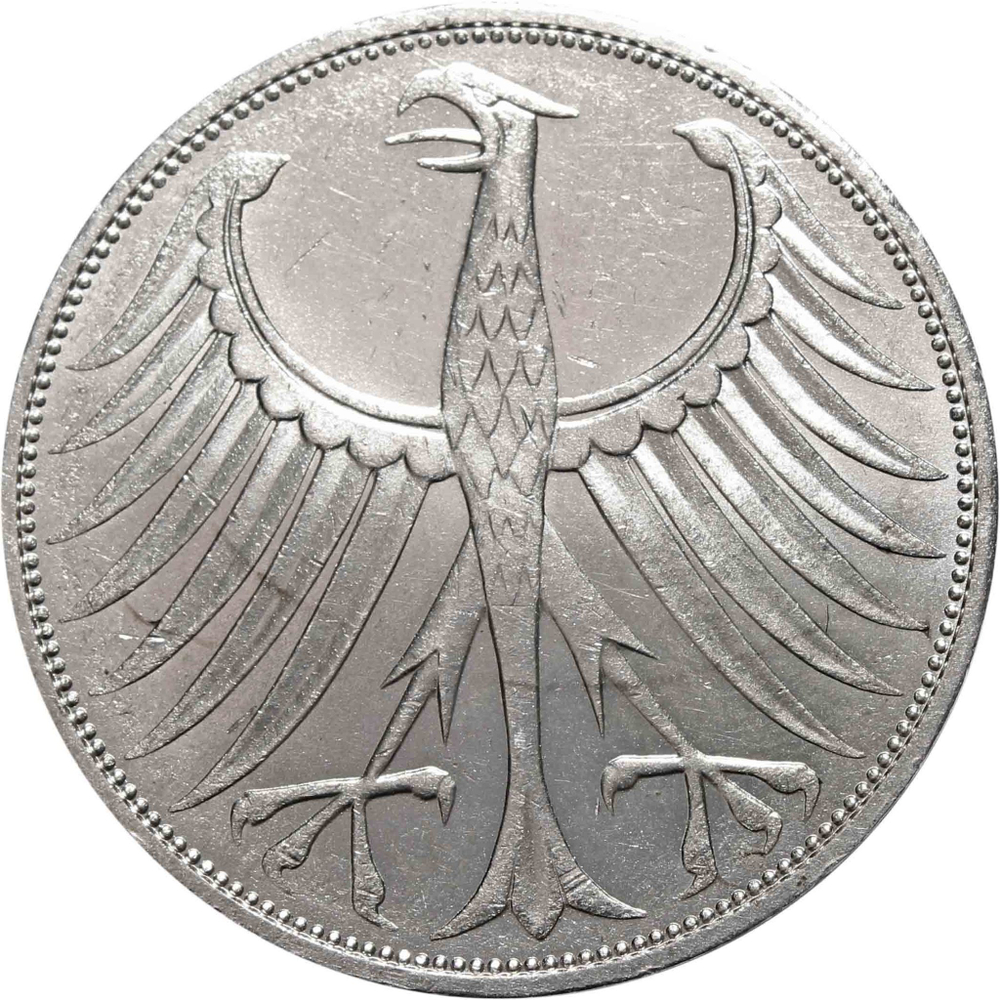 5 марок. Германия. (J). Серебро. 1974 год. XF-AU