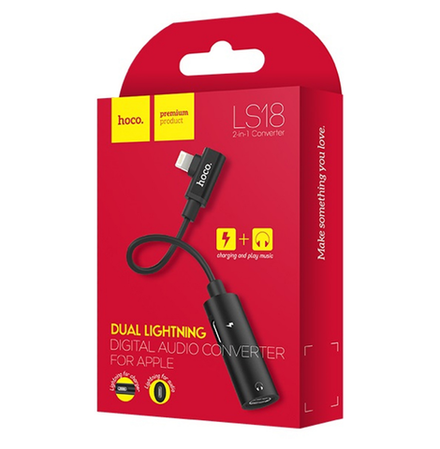 Аудио адаптер HOCO LS18 Lightning 8-pin на 2хLightning 8-pin, зарядка и аудио, DC, 0.116м, TPE (серы