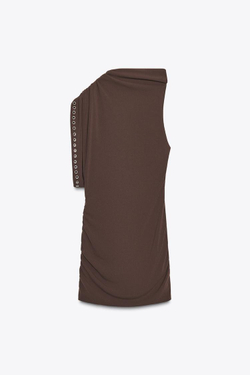 ZARA АСИММЕТРИЧНОЕ ПЛАТЬЕ С ЛЮВЕРСАМИ, ШОКОЛАДНЫЙ