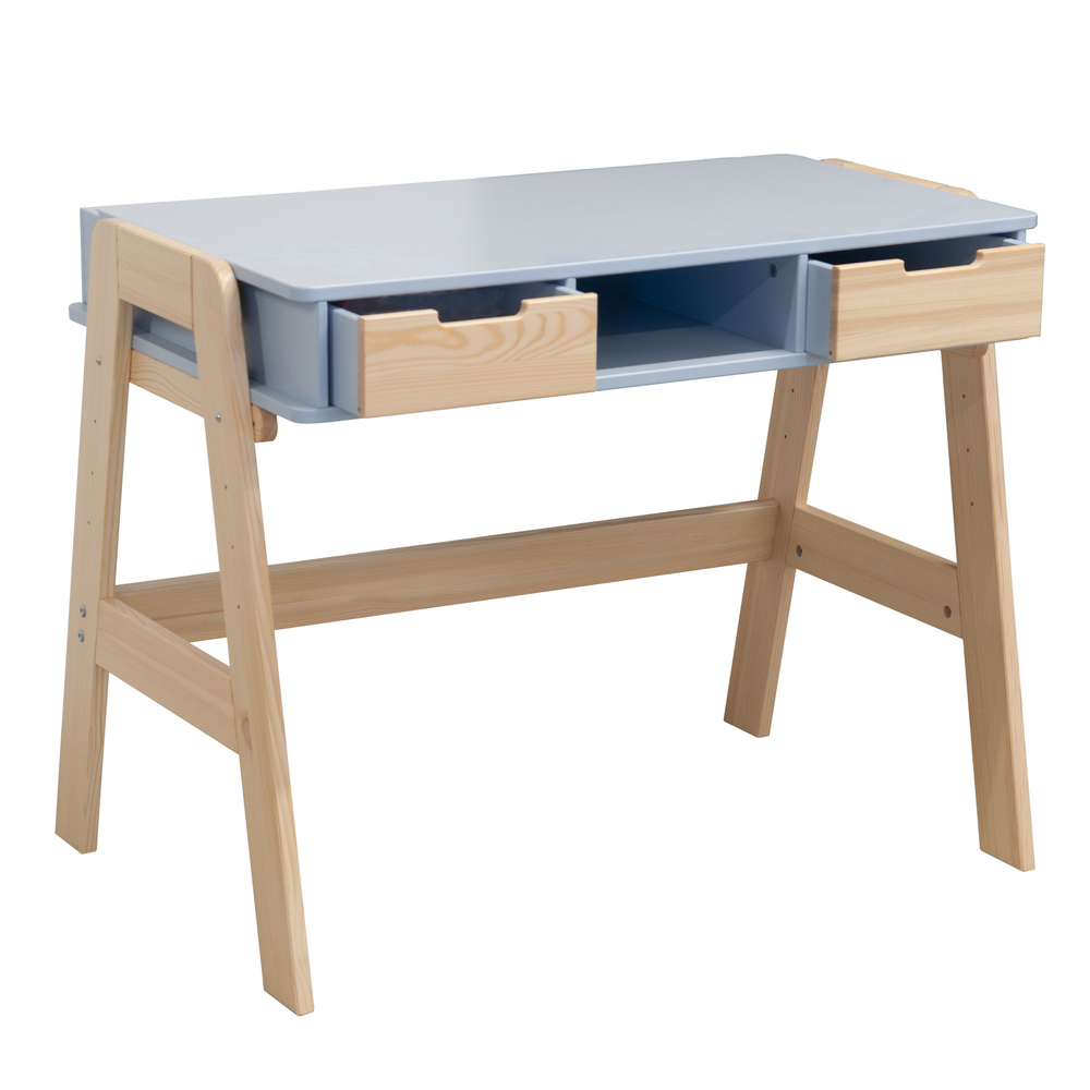 Письменный стол Чек для школьника 94х64х75 см, многоуровневая парта с 2 ящиками на ножках из массива сосны, МДФ синий