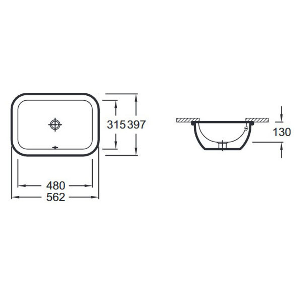 Раковина встраиваемая снизу  Jacob Delafon Vox 56,2 х 39,7 с переливным отверстием EYA102-00 схема