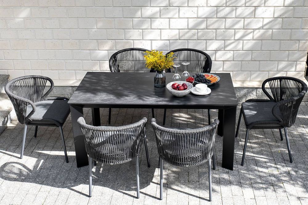 "Венето" обеденная группа на 6 персон со стульями "Милан", каркас темно-серый, роуп темно-серый