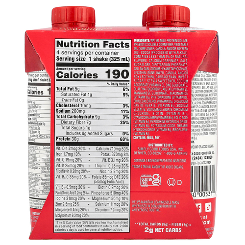 Atkins, Strong, высокопротеиновый коктейль, шоколадно-арахисовая паста, 4 коктейля, 325 мл (11 жидк. унц.)