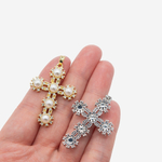 Подвеска с бейлом "Крест", хрустальный жемчуг, фианиты, 39*27,5мм, родирование