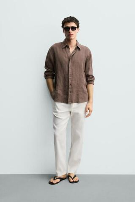 ZARA БРЮКИ RELAXED FIT ИЗ ХЛОПКА И ЛЬНА, ЭКРЮ