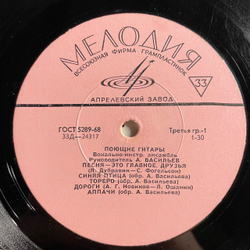 Винтажная виниловая пластинка LP Вокально Инструментальный Ансамбль Поющие Гитары (СССР 1969)