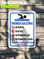 Табличка для бассейна "Правила бассейна", на пляж, для общественной и частной зоны отдыха, информационная, 40х30 см, Silver Plane x Айдентика Технолоджи