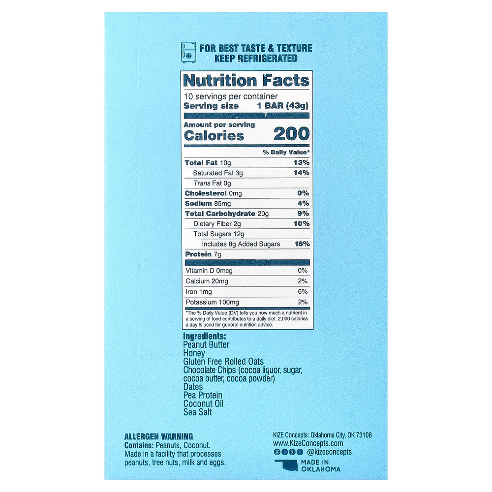 KiZE Life Changing Bar, овсяные батончики с шоколадной крошкой, 10 батончиков по 43 г (1,5 унции)