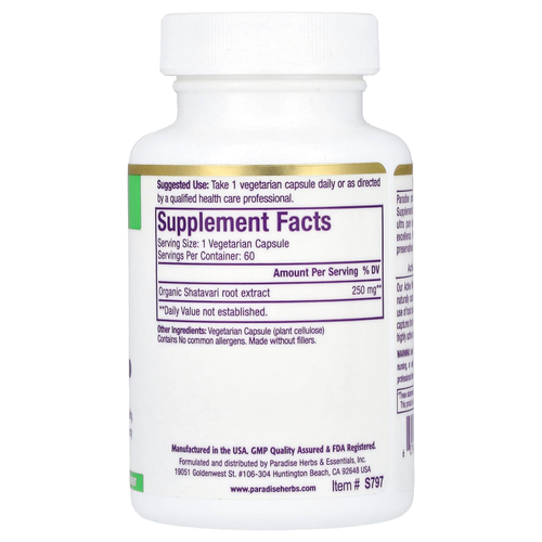 Paradise Herbs, Экстракт шатавари, 60 вегетарианских капсул (250 мг на капсулу)