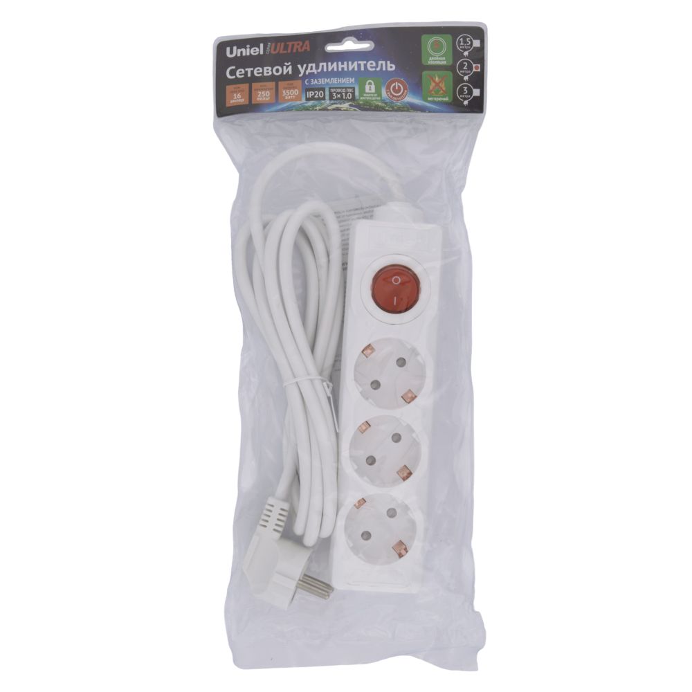 S-GCU3-2B WHITE Удлинитель серии Ultra. шнур 2м.. 3 гнезда. 16A. с-з. Белый. TM Uniel