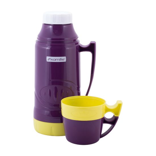 Термос 1 л. со стеклянной колбой Kamille KM 2031 пластиковый, 2 чашки