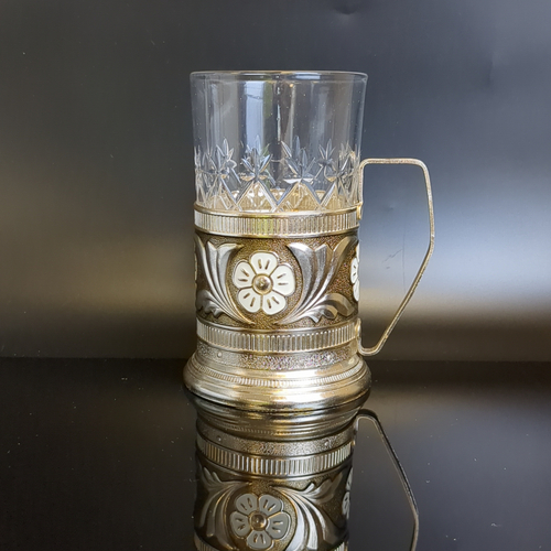 Подстаканник "Ромашки" с хрустальным стаканом, алюминий, винтаж СССР