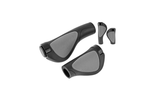 Грипсы TRIX, для ревошифта, резиновые, 130мм+92мм, 2-х компонентные, алюминиевые фиксаторы на руль черные - 2шт., с заглушками руля, серо-черные