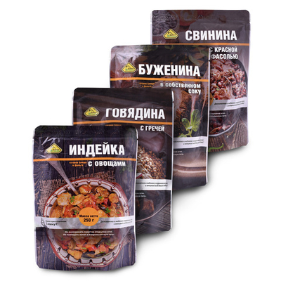 Набор 4шт: Буженина, Говядина с гречей, Индейка, Свинина с фасолью (Деревня Потанино)
