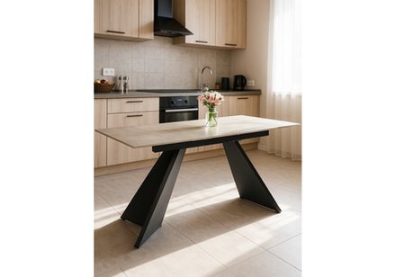 Керамический стол Woodville Ливи 140(200)х80х78 creto forever beige, черный, ножки черные