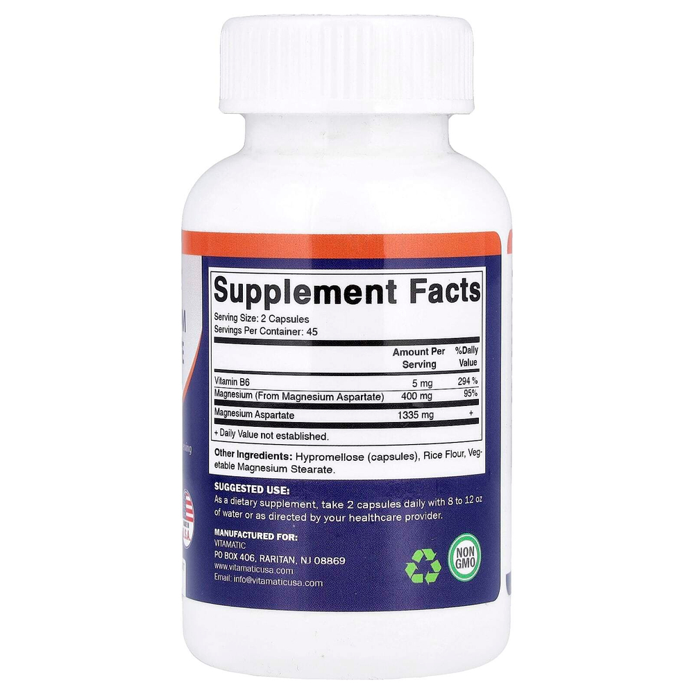 Vitamatic, аспартат магния с витамином B6, 90 вегетарианских капсул