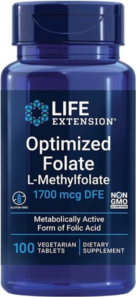 Life Extension, Оптимизированный фолат 1700 мкг DFE, Optimized Folate (L-Methylfolate) 1700 mcg DFE, 100 вегетарианских таблеток