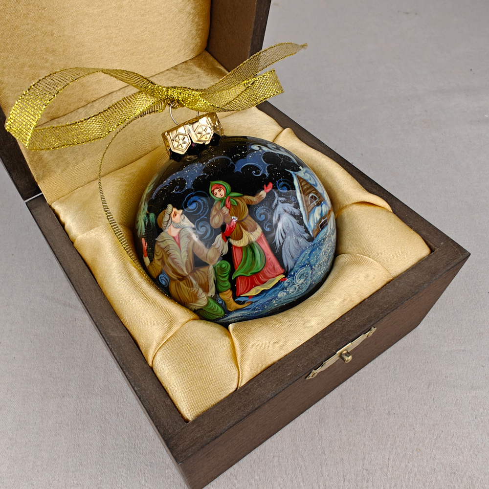 Шар новогодний с ручной росписью Палех "Серебряное копытце" в футляре