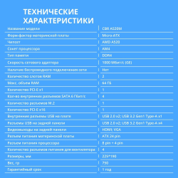 Материнская плата CBR A520M ( Chipset A520, Socket AM4, 2*DDR4, mATX, VGA+HDMI, 1*PCIEx16,2*PCIEx1,1*M.2(PCIe NVMe Gen3 x4 & SATA3), 4*SATA3, 2*USB2.0 + 4*USB3.0, LAN 1Gb)