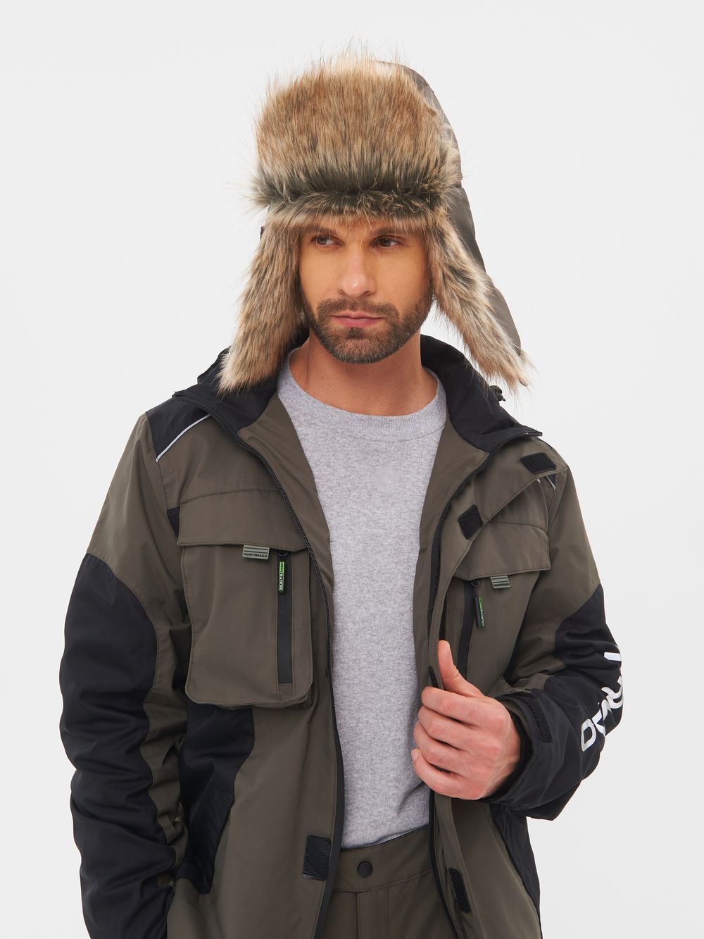 Шапка ушанка с маской Евро Енот ткань Taslan цвет Хаки