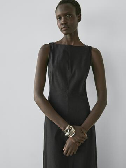 Massimo Dutti Длинное платье из струящейся смесовой льняной ткани, черный